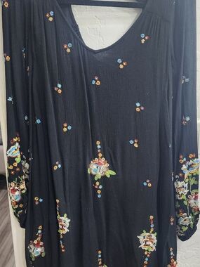 NWT Free People Black Mini Boho Dress Multicolor Floral Embroidery Long Sleeve